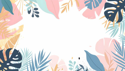 Fototapeta premium Colorful tropical leaves frame with space for text. Modern botanical background in soft pastel colors, perfect for seasonal designs.