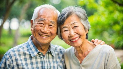 Happy smiling asian mature senior couple posing together.