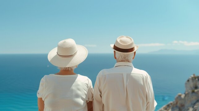 Happy retirees on a touring holiday, exploring a beautiful coastal region, taking in the sights and sounds of their peaceful getaway