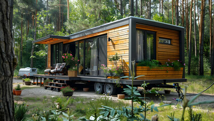 Cozy modern tiny house nestled in a lush forest setting, featuring a wooden exterior and large windows embracing natural light.