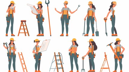 Illustration of various female construction workers, each posing with different tools and equipment, showcasing diversity and range within the construction industry.