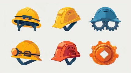 Illustration showing a variety of construction helmets in different styles and colors, demonstrating the importance of safety and personal protective equipment in construction.