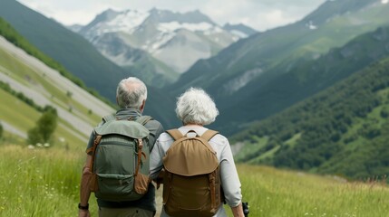 Senior couple embarking on a discovery trek through a picturesque valley, backpacks and hiking gear, the joy of exploration evident in their smiles