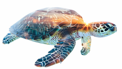 Fototapeta premium Double exposure of sea turtle with sunset seascape overlay, symbolizing marine life and nature's beauty. Perfect for environmental themes.