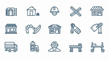 This array of icons features a diversity of construction tools and equipment in clear, simple outlines, designed for understanding the roles and uses within the building industry.