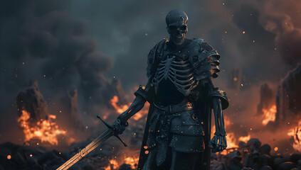 Naklejka premium Epic dark fantasy scene of a skeletal knight in armor standing amidst burning ruins, holding a sword against a dramatic sky.