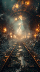 Naklejka premium A metro station under construction with dust clouds from drilling and excavation, realistic, high detail, 8k