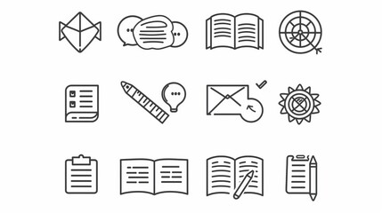 A set of black and white icons depicting various educational elements such as books, messages, rulers, and clocks, ideal for illustrating educational content.
