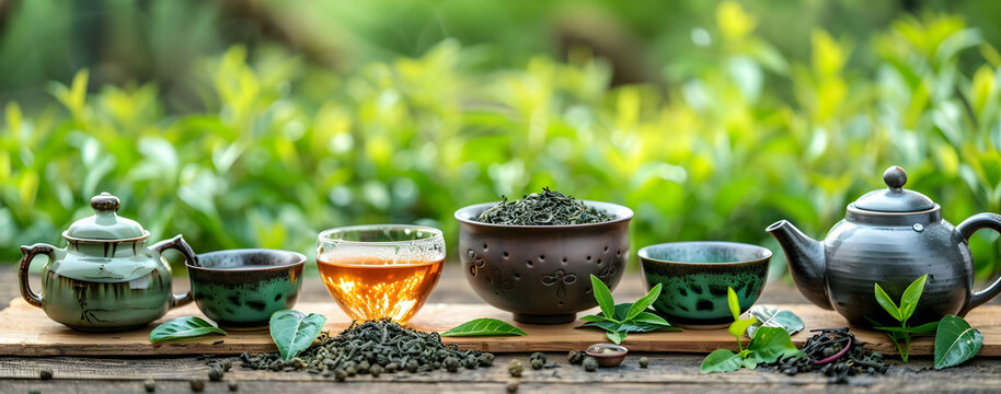Green tea leaves with traditional teaware on wooden table in a serene garden setting, perfect for relaxation and wellness themes.