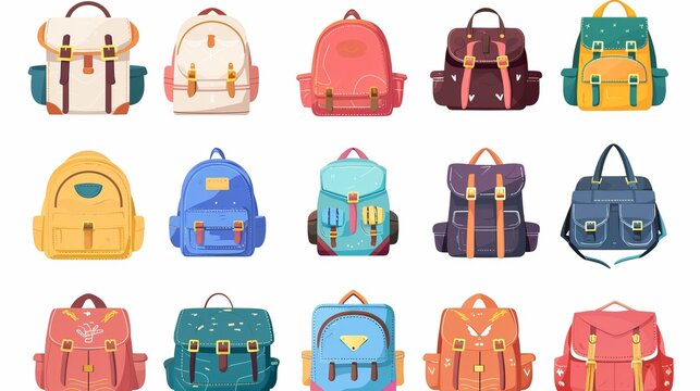 Variety of vibrant backpacks displayed in a grid pattern, featuring different styles, colors, and sizes, ideal for casual or educational use and travel purposes.