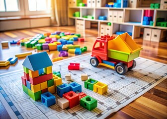 Obraz premium Vibrant colorful blocks scattered on a living room floor, with a miniature toy truck and abandoned building plans, evoking a sense of childhood creativity and imagination.