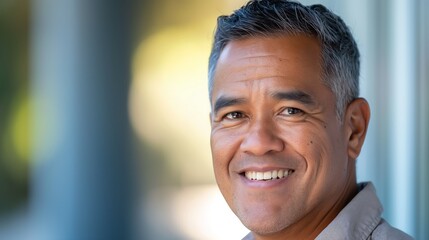 Obraz premium Handsome MiddleAged Man Smiling, CloseUp Portrait, Confidence, Warm Expression, Outdoor Setting