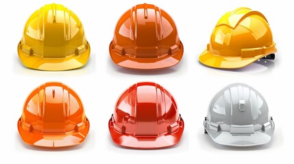 This image showcases a variety of vibrant construction helmets, spanning colors such as yellow, orange, and white, symbolizing safety and durability in construction work.