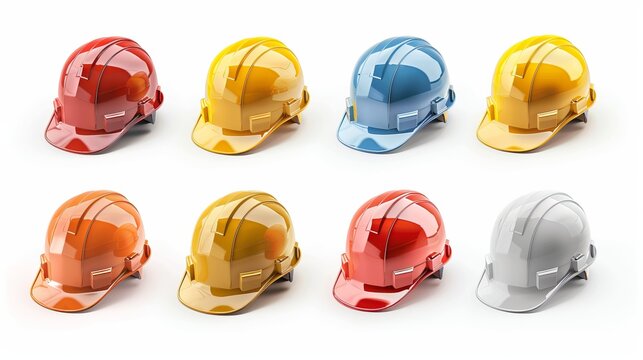 This image features eight hard hats in various colors, neatly arranged in two rows, representing safety, organization, and the importance of protective gear in construction and industrial work.