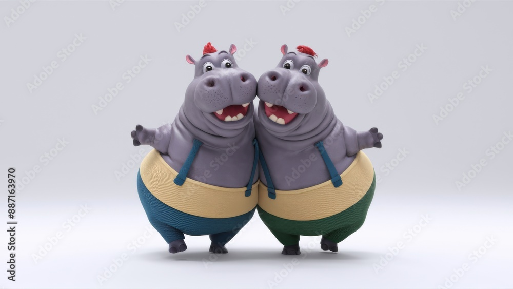 Sticker Two cartoon hippos are standing next to each other with their arms around one another, AI