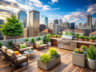 Fototapeta premium Vibrant urban rooftop setting with sleek city skyline backdrop, featuring trendy outdoor furniture, lush greenery, and sizzling barbecue grill, evoking a sense of carefree summer joy.