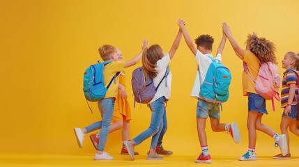 A joyful group of primary school kids wearing casual clothes and backpacks high-five each other in front of a bright yellow background, symbolizing unity and celebration.