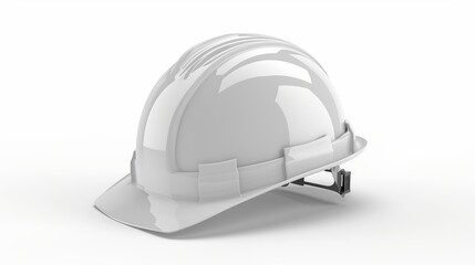 Fototapeta premium A side profile view of a white construction helmet displayed on a white backdrop, emphasizing the crucial protective equipment used by construction professionals.