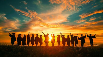 In this beautiful sunset scene, a group of graduates in silhouette joyously celebrate their achievements, capturing the essence of fulfillment and new beginnings under the vibrant sky.