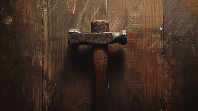 This image presents an old hammer resting vertically against a textured wooden backdrop, reminiscent of traditional craftsmanship and aged tools in a rustic workshop setting.