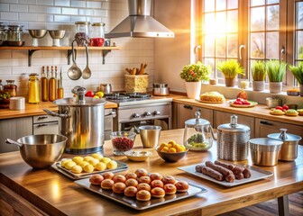 Vibrant kitchen scene with utensils, ingredients, and baking supplies, featuring a warm-lit, stainless steel workstation, and a delicious array of sweet treats in various stages of creation.