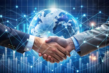 Global business partnership concept: handshake symbol on a background of rising stock market graph, connected globe, and network links diagram showing international connections.
