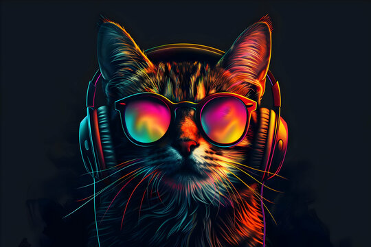 Stylish cat wearing colorful sunglasses and headphones in vibrant neon colors, set against a dark background for a cool, modern look.