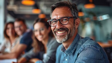 Fototapeta premium A man wearing glasses and a denim shirt smiles brightly while sitting at a table during a meeting with his colleagues in a modern, well-lit office environment.