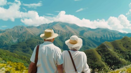 Elderly couple on an adventure, scouting new destinations in a scenic landscape, their spirits high as they roam through beautiful surroundings