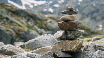 Balanced pile of rocks on rocky surface