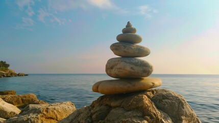 Fototapeta premium Balancing rocks by the sea Tourist made stone tower for wishes