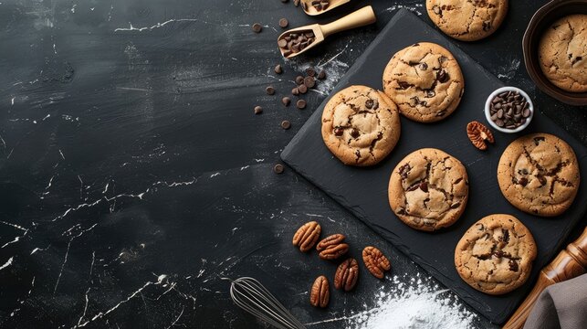 Baking fresh cookies at home with baking tools on black background above view