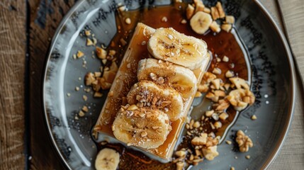 Banana and toffee dessert on a plate