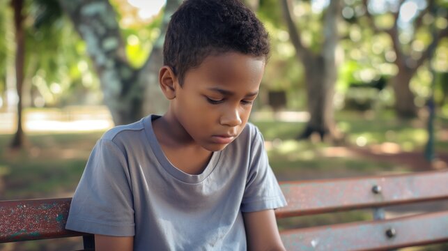 Thoughtful Young Boy of Pacific Islander Descent Sitting Alone on Park Bench, Reflective Moment in Nature, Diverse Representation - Powered by Adobe