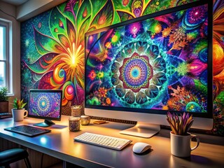 Colorful graphics and psychedelic patterns fill the screen as a digital artist's workstation comes to life with vibrant design elements and creative software tools.