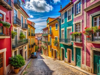 Fototapeta premium Vibrant summer scene of picturesque Portuguese city streets with colorful buildings, historic architecture, and scenic alleys awaiting exploration by adventurous travelers.