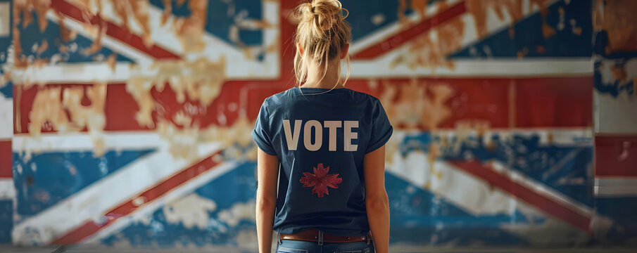 Woman in a 'Vote' t-shirt standing in front of a vintage UK flag, promoting political engagement and voting awareness.