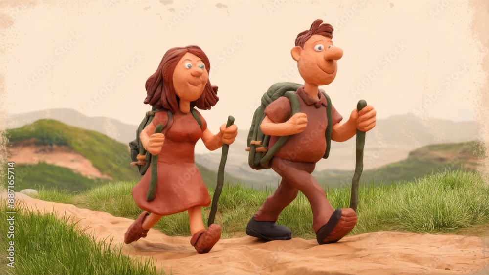 Wall mural A cartoon couple walking on a dirt path with hiking gear, AI