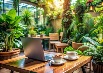 Cozy cafe ambiance with laptop, notebooks, and coffee, surrounded by lush green plants, perfectly capturing the essence of a remote work lifestyle and modern flexibility.
