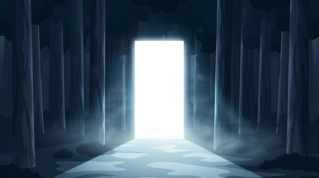A misty forest at twilight with a mysterious glowing portal at the center, emanating an uncanny allure that draws the viewer in, flat design illustration