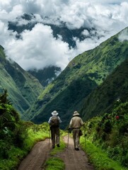 Fototapeta premium Elderly pair on a trek through lush green mountains, backpacks and walking sticks in hand, showcasing their enduring spirit and love for travel