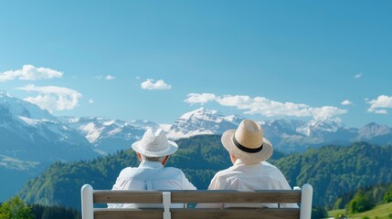 Elderly pair relaxing at a scenic overlook, taking in the breathtaking views of a charming region, embodying love and companionship