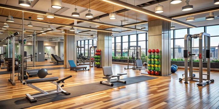 Vibrant weights and exercise equipment scattered around a modern gym floor, surrounded by mirrors and sleek wood accents, with a bright motivational banner hanging above. - Powered by Adobe