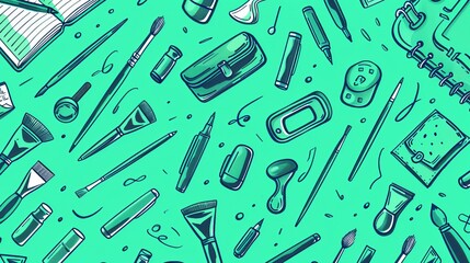An artistic pattern of various tools and supplies displayed on a teal background, representing creativity, innovation, and the world of artistic creation.