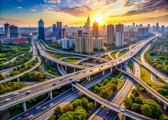 Aerial view of a bustling metropolis with a network of highways and interchanges, showcasing a modern city's infrastructure and urban landscape.