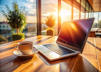 Fototapeta premium A sleek laptop sits on a polished wooden table beside a coffee mug and tea glass, bathed in warm sunlight streaming through a nearby window.