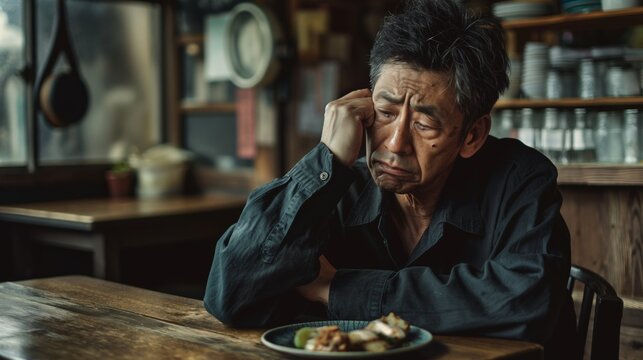 Contemplative MiddleAged Japanese Man Dinning Alone in Cozy Cafe Interior. Emotional Stock Photography for Conceptual Designs.