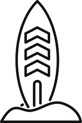 Line drawing of a surfboard planted in the sand, evoking a sense of anticipation for the next wave