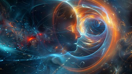 Futuristic abstract digital artwork featuring swirling lights and patterns in vibrant blue and orange hues, with human-like silhouettes embedded within the energetic scene.