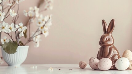 Easter Scene with Chocolate Bunny Eggs and Text Space on White Table